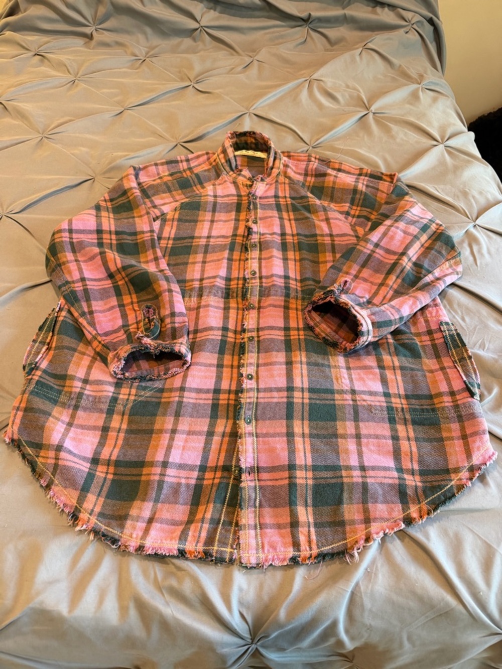 We The Free Pink and Olive Plaid Distressed Button Shirt